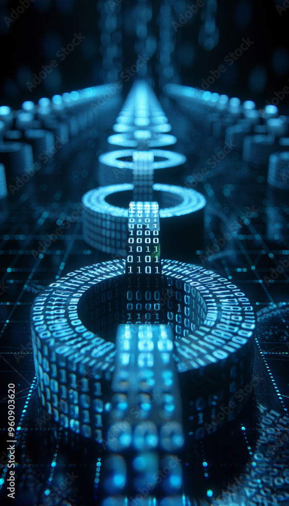 Poster in a futuristic digital landscape, glowing blue rings interconnected by streams of binary code creat
