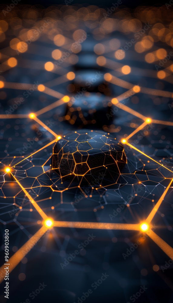 Poster an abstract visual showcases a network of interconnected nodes illuminated by glowing orange lights 
