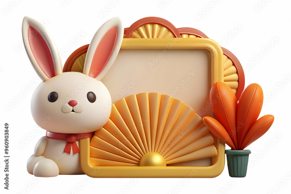 Poster flat rabbit and fan border frame with copy space for mid autumn festival design - simple vector illu