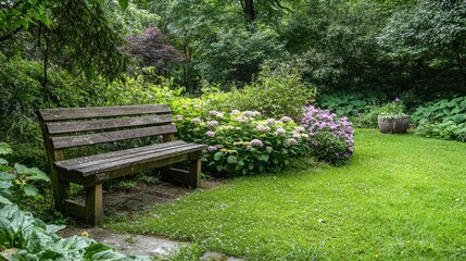 Fototapeta premium Wooden Bench in a Lush Green Garden with Blooming Flowers