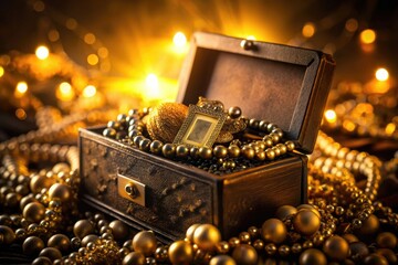 Moody dark mysterious credit card hidden in velvet jewellery box sparkling diamonds antique bronze ornaments lavish decorations mysterious luxurious warm golden hour colors.