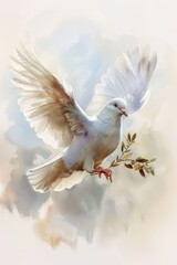 Fototapeta premium A beautiful dove in flight, carrying an olive branch, depicted against a soft, pastel sky, symbolizing peace and hope.