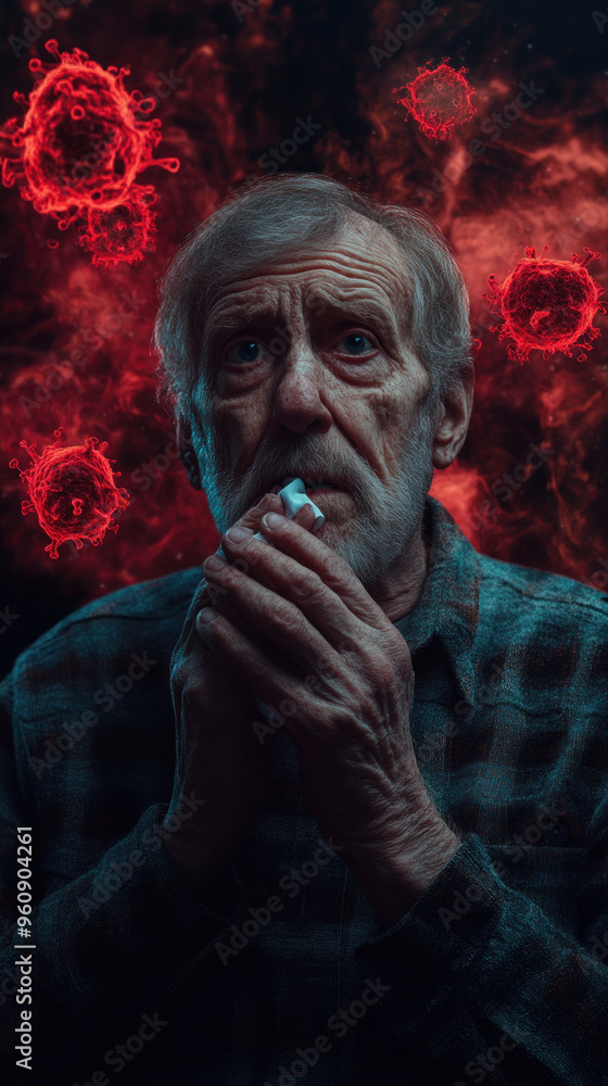 Poster a man is smoking a cigarette while looking at the camera. the image has a dark and ominous mood, wit