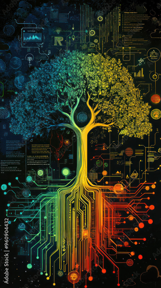 Poster a colorful tree with a bunch of wires coming out of it. the tree is surrounded by a lot of different