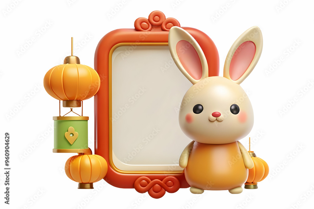 Poster flat rabbit and lantern border frame: balanced mid autumn festival design with copy space. simple fl