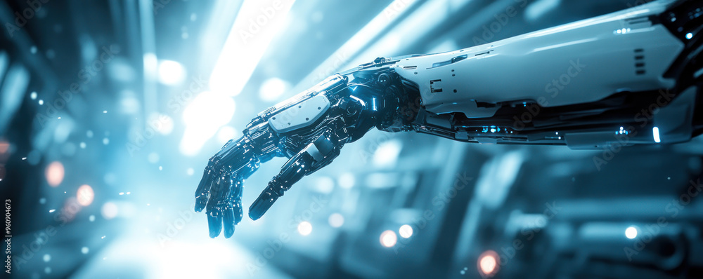 Poster a robotic hand is shown in a blue and white color scheme. the image conveys a futuristic and technol