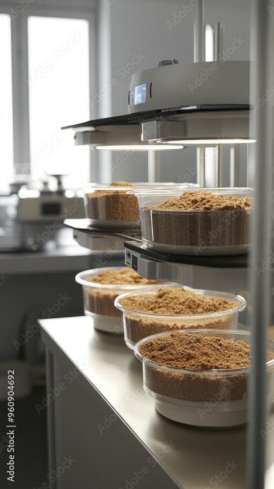 Poster a row of plastic containers with brown contents sit on a counter. the containers are arranged in a w