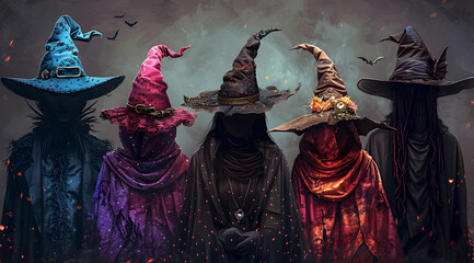 Four Mysterious Witches with Hats Illustration