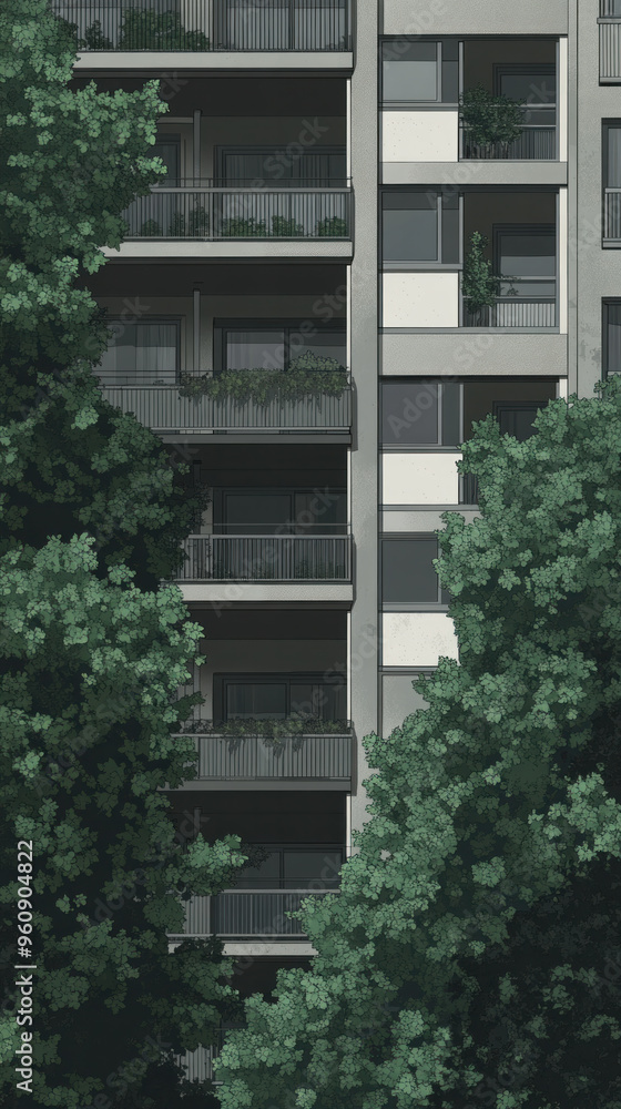 Poster a tall building with a green tree in front of it