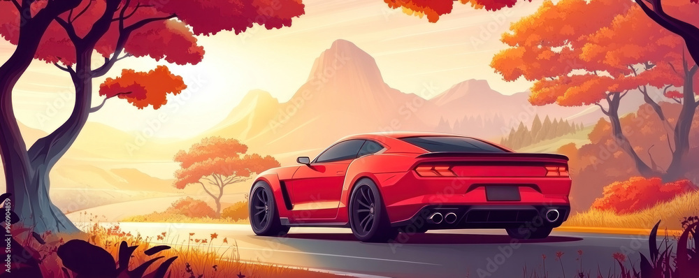 Poster a red car is driving down a road in a forest. the car is in the foreground and the background is a f