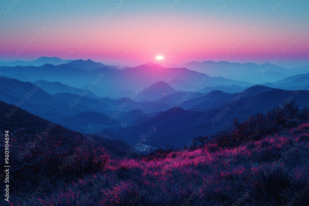 Poster a serene landscape with a gradient sky transitioning from deep blue to soft pink at dusk. concept of