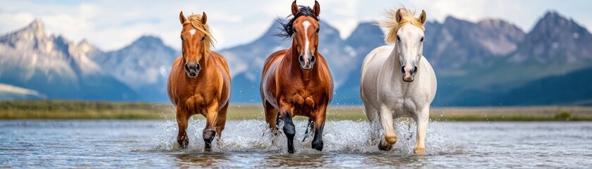 Fototapeta premium Three majestic horses galloping through water with mountains in the background, embodying freedom and grace in nature.