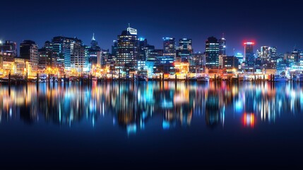 Night Cityscape with Reflections in Water  Skyscrapers  Buildings  Harbor  Urban Landscape  City Lights  Nighttime Photography