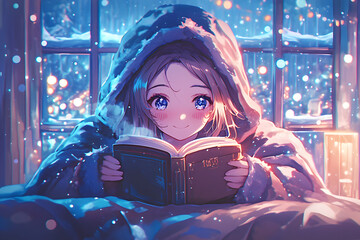 Serene Girl reading a book under a cozy blanket with a cup of tea on a rainy day, surrounded by fairy lights. Anime style, Cozy vibes