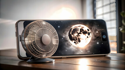 Flat Smartphone with Holographic Fan and Moon Concept for Mid Autumn Symbols - Front View Vector Illustration on White Background with Blank Screen and Copy Space for Business Tone