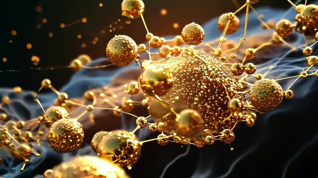 Gold spheroids float in primordial soup. Chemical reactions occur as camera ascends from molecular cluster. Electron density focus enhances primeval atmosphere. 