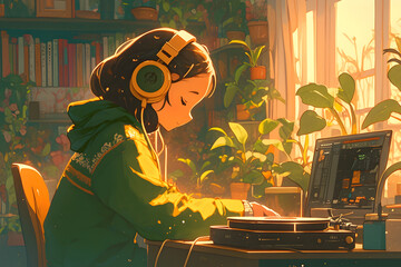 Music-loving girl listening to music on a vintage record player in her plant-filled room with a sunset glowing through the window. Anime style, Cozy vibes