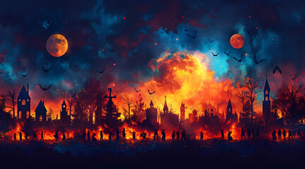 Obraz premium Dark Fantasy Illustration of a Village with Silhouettes of People, a Red Moon and Bats