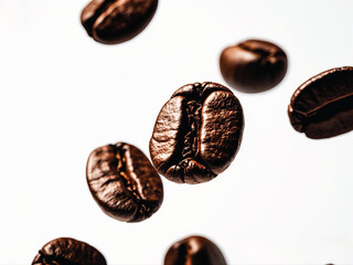 Fototapeta premium Close-up of coffee beans floating in mid-air, captured with a crisp white background
