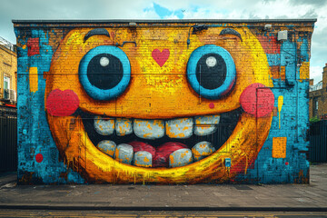 A lively street art mural bursting with bold, contrasting colors and playful designs. Concept of urban artistic expression.