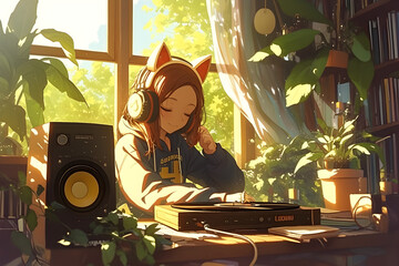 Music-loving girl listening to music on a vintage record player in her plant-filled room with a sunset glowing through the window. Anime style, Cozy vibes