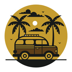 A vintage van stands peacefully beneath palm trees at sunset capturing the essence of a laid back beach adventure filled with nostalgia and warmth