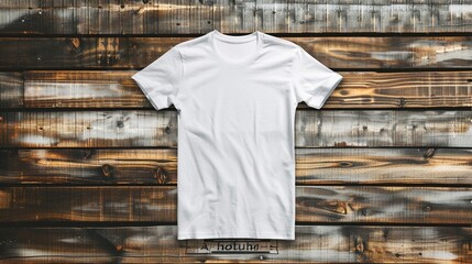 Minimal white T-shirt mockup on rustic wooden background, ideal for branding.