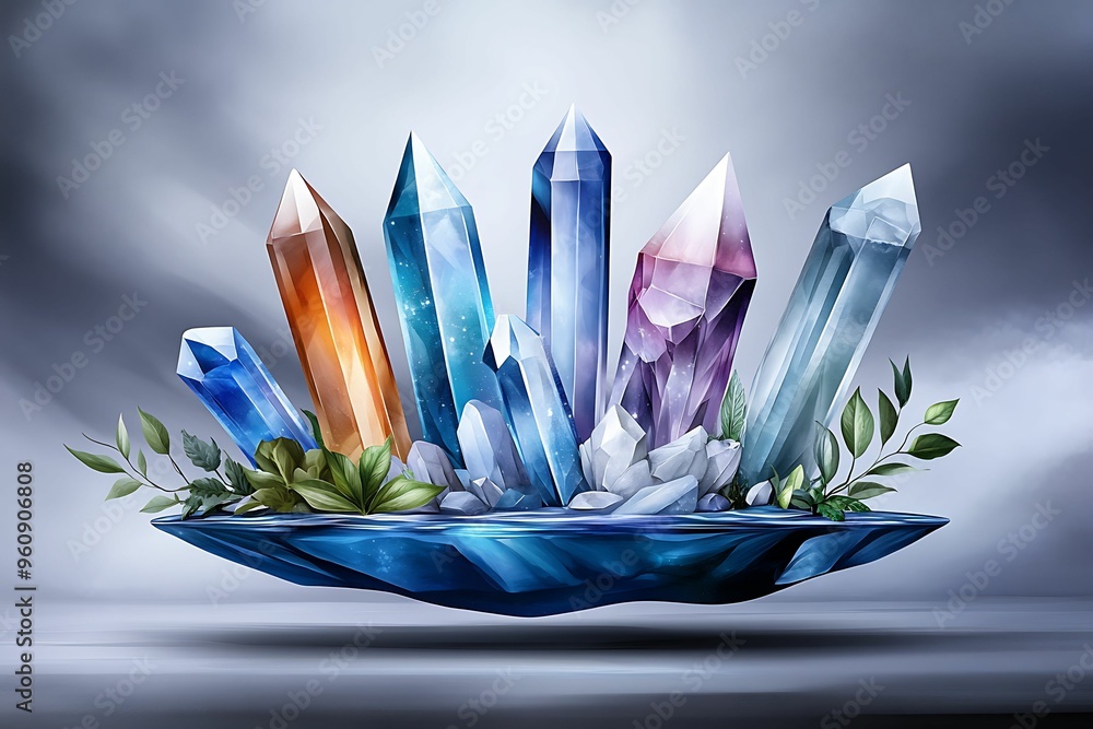 Poster tranquil floating gardens with celestial crystals isometric view in watercolor style - soft pastel t