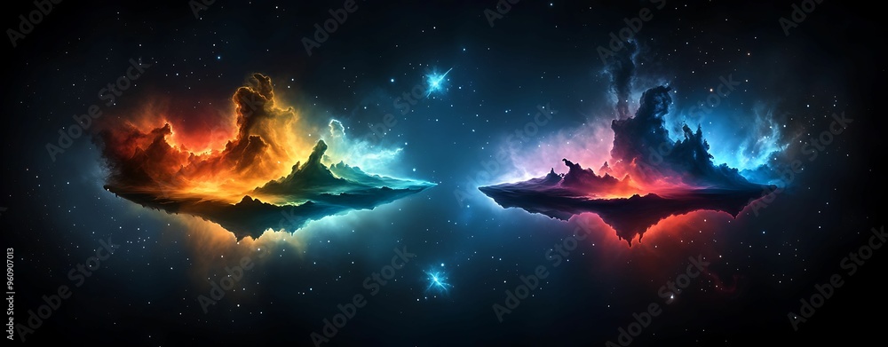 Poster mystical watercolor fantasy realm: isometric view of floating islands in colorful nebulae with clear