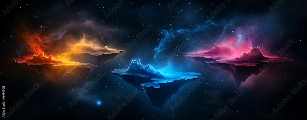 Poster enchanting otherworldly landscape with floating islands and nebulae in watercolor style isometric vi