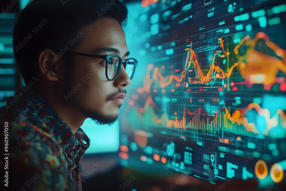 Aufkleber a man analyzing financial data on a computer screen