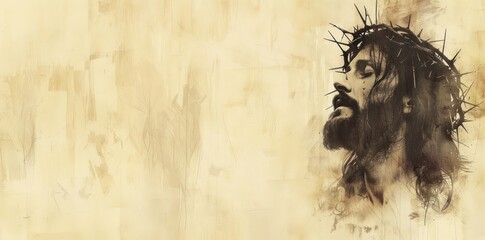A wide artistic rendering of Jesus Christ wearing a crown of thorns, set against a textured backdrop that conveys a sense of decay and redemption.