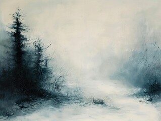 A misty, snowy landscape with tall trees in the foreground and a path leading into the distance.