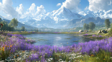 Mountain Lake with Wildflowers and Snow Capped Peaks