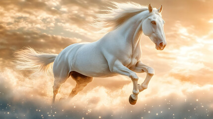 White Horse Running Through Clouds at Sunset