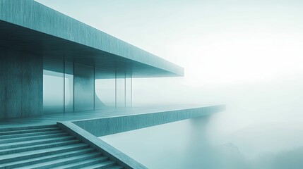 Fototapeta premium Modern Concrete Building Overlooking Foggy Landscape