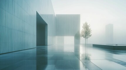 Obraz premium Modern Architecture with a Foggy Sky and a Wet Floor