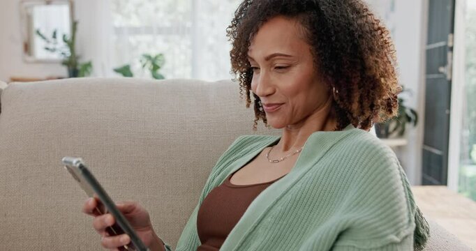 Woman, home and laugh on sofa with smartphone, funny joke and browse on social media or smile for post. Website, online meme and coffee break with internet, apartment and scrolling to relax on couch