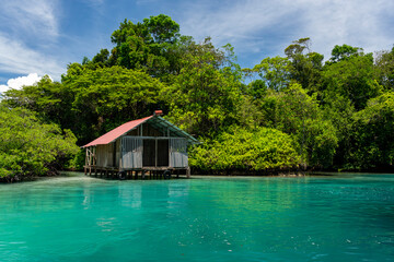 Tropical Waterfront Hut on the Pristine Island of Escudo de Veraguas, Panama, Surrounded by Crystal Clear Waters and Lush Nature, Perfect for an Eco-Friendly Getaway or Remote Vacation