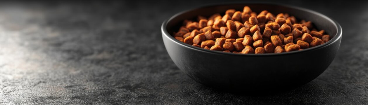 A modern cat food dish filled with natural ingredients, perspective, minimalist style.