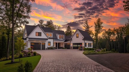 Modern Farmhouse with Sunset Sky
