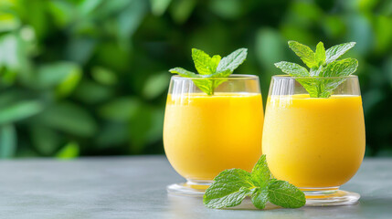 Fototapeta premium Refreshing yellow mint juice in glass with fresh mint leaves, perfect summer beverage for health and hydration