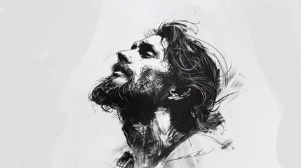 Fototapeta premium Artistic portrayal of Jesus Christ in a crown of thorns, with detailed shading and emotive expression capturing the pain and solemnity of his sacrifice.