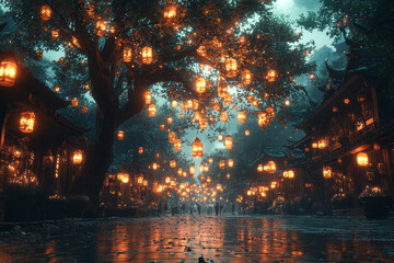 An enchanted forest with glowing trees and floating lanterns appearing in the middle of a crowded urban plaza, transforming the cityscape into a fairytale realm.