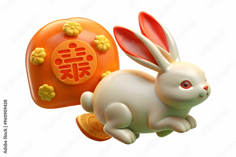 Poster enchanting floating jade rabbit with mid autumn greetings text - mythical grace in isolated white ba