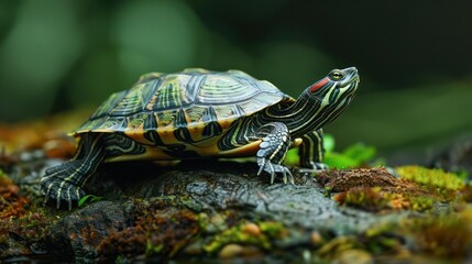 a cute picture of an adorable turtle enjoying its time in a forest setting.