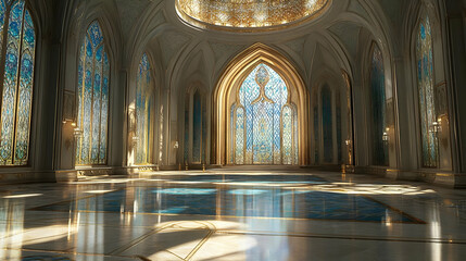 Obraz premium Grand Hall with Stained Glass Windows and Marble Floor