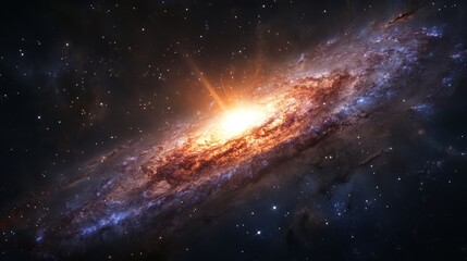 Fototapeta premium A dramatic deep space image of a starburst galaxy with intense, radiant arms and a dense core, surrounded by a backdrop of dark space and distant stars.