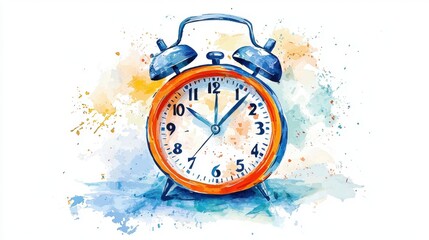 A colorful watercolor illustration of an alarm clock, symbolizing time, punctuality, and daily routines.