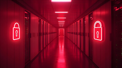 Red Neon Lock Symbol on Server Room Door